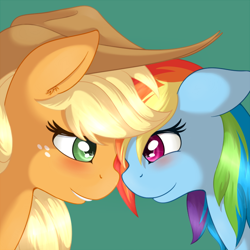 Size: 650x650 | Tagged: safe, artist:ratofdrawn, applejack, rainbow dash, earth pony, pegasus, pony, accessory, appledash, blushing, eye contact, female, hat, lesbian, lip bite, looking at each other, shipping, simple background, smiling