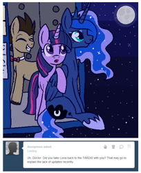 Size: 521x637 | Tagged: safe, artist:lulubell, doctor whooves, princess luna, twilight sparkle, alicorn, pony, askprincessluna, space, tardis, tumblr