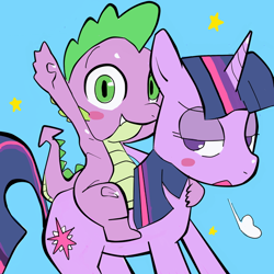 Size: 600x600 | Tagged: safe, artist:baigak, spike, twilight sparkle, dragon, pixiv, riding