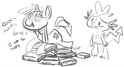 Size: 1231x667 | Tagged: safe, artist:php27, spike, twilight sparkle, dragon, pony, unicorn, book, female, grayscale, male, mare, monochrome, pile, simple background, sketch, that pony sure does love books