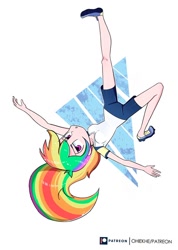 Size: 682x960 | Tagged: safe, artist:ohiekhe, rainbow dash, human, clothes, female, humanized, shoes, shorts, simple background, solo, upside down, white background