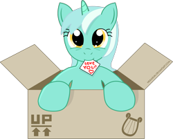 Size: 3622x2915 | Tagged: safe, artist:negasun, lyra heartstrings, pony, unicorn, box, bronybait, cardboard box, cute, heart, looking at you, lyrabetes, mouth hold, note, pony in a box, simple background, smiling, solo, transparent background