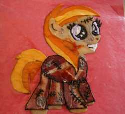 Size: 461x419 | Tagged: safe, artist:bawesome-bacon, noi, earth pony, pony, zombie, bacon, edible, female, filly, food, irl, photo, solo