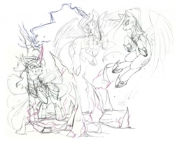 Size: 1280x1040 | Tagged: safe, artist:longinius, king sombra, princess celestia, princess luna, alicorn, pony, unicorn, female, grayscale, male, mare, monochrome, stallion, wip