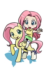 Size: 526x799 | Tagged: safe, artist:shepherd0821, fluttershy, human, pegasus, pony, breasts, chibi, clothes, female, human ponidox, humanized, humans riding ponies, mare, self ponidox, skirt, sleeveless turtleneck, socks, sweatershy, wings