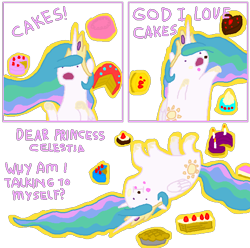 Size: 668x662 | Tagged: safe, artist:hakar-kerarmor, princess celestia, alicorn, pony, cake, cakelestia, female, hilarious in hindsight, i'm so alone, mare, meme, on back, princess, solo