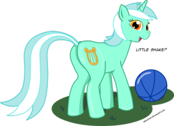 Size: 1024x743 | Tagged: safe, artist:negasun, lyra heartstrings, pony, unicorn, ball, butt, dialogue, female, grass, looking at you, looking back, looking back at you, mare, plot, rear view, simple background, solo, white background