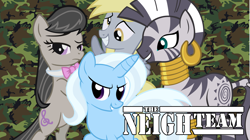 Size: 1922x1080 | Tagged: safe, artist:antoinetterosae, artist:shelltoon, artist:tootootaloo, derpy hooves, octavia melody, trixie, zecora, earth pony, pegasus, pony, unicorn, zebra, a-team, female, mare, neigh team, parody, pun, wallpaper