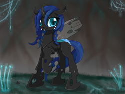 Size: 680x512 | Tagged: safe, artist:evomanaphy, oc, oc only, changeling, changeling queen, blue changeling, changeling oc, changeling queen oc, curved horn, derp, raised hoof, solo