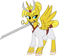 Size: 541x517 | Tagged: safe, artist:lulubell, oc, oc only, oc:ticket, alicorn, pony, alicorn oc, samurai, simple background, solo, sword, transparent background