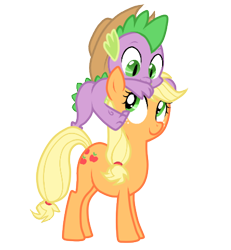 Size: 409x442 | Tagged: safe, artist:lifelspain, applejack, spike, dragon, earth pony, pony, applejack's hat, applespike, baby, baby dragon, cowboy hat, cute, cutie mark, dragons riding ponies, female, freckles, green eyes, hat, jackabetes, male, mare, riding, shipping, simple background, spikabetes, stetson, straight, transparent background