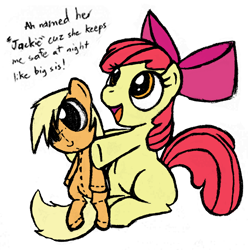 Size: 1272x1280 | Tagged: safe, artist:zajice, apple bloom, applejack, earth pony, pony, adorabloom, cute, doll, pony dolls