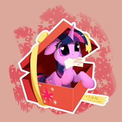 Size: 1024x1024 | Tagged: safe, artist:draconidsmxz, twilight sparkle, twilight sparkle (alicorn), alicorn, pony, box, cute, female, happy birthday, heart eyes, hnnng, mare, mouth hold, pony in a box, present, solo, twiabetes, wingding eyes