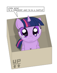 Size: 1589x2025 | Tagged: safe, artist:negasun, twilight sparkle, box, cardboard box, cute, dialogue, filly, solo