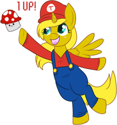 Size: 467x499 | Tagged: safe, artist:lulubell, oc, oc only, oc:ticket, alicorn, pony, alicorn oc, bipedal, clothes, crossover, hat, mario, mushroom, nintendo, overalls, simple background, solo, super mario bros., transparent background