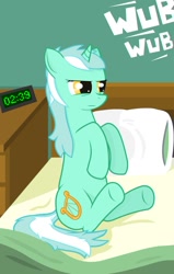 Size: 712x1121 | Tagged: safe, artist:negasun, lyra heartstrings, pony, unicorn, bed, clock, lyra is not amused, solo, unamused, wub