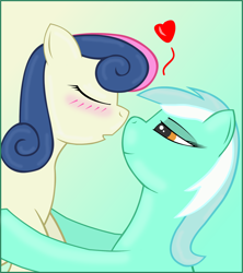 Size: 1616x1816 | Tagged: safe, artist:negasun, bon bon, lyra heartstrings, sweetie drops, earth pony, pony, unicorn, bedroom eyes, blushing, eyes closed, female, floating heart, gradient background, heart, lesbian, lidded eyes, lyrabon, mare, nuzzling, shipping, simple background, smiling, uou