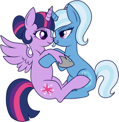 Size: 443x452 | Tagged: safe, artist:lulubell, trixie, twilight sparkle, twilight sparkle (alicorn), alicorn, pony, alternate hairstyle, female, fulfilled cutie mark, lesbian, mare, new friend coming, ponytail, shipping, simple background, transparent background, twixie