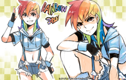 Size: 1766x1125 | Tagged: dead source, safe, artist:suikuzu, rainbow dash, human, belly button, cleavage, clothes, daisy dukes, female, fingerless gloves, gloves, hoodie, humanized, midriff, smiling, solo, suspenders