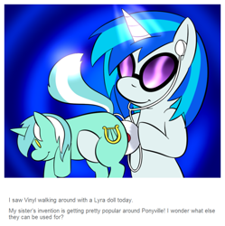 Size: 780x782 | Tagged: safe, artist:lamia, dj pon-3, vinyl scratch, pony, unicorn, abstract background, ask skyra and bons away, cd, earbuds, female, lyra plushie, mare, plothole plush lyra