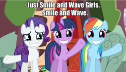 Size: 821x468 | Tagged: safe, edit, screencap, rainbow dash, rarity, twilight sparkle, unicorn twilight, pegasus, pony, unicorn, dragon quest, female, forced smile, image macro, madagascar, mare, smile and wave, smiling