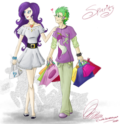 Size: 1600x1660 | Tagged: safe, artist:rinikka, rarity, spike, female, fire ruby, humanized, male, shipping, shopping, skinny, sparity, straight