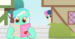 Size: 1551x821 | Tagged: safe, artist:negasun, bon bon, lyra heartstrings, sweetie drops, bench, blushing, card, female, hairclip, hearts and hooves day, lesbian, lyrabon, shipping, valentine's day card, vector, younger