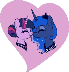 Size: 409x428 | Tagged: safe, artist:lulubell, princess luna, twilight sparkle, alicorn, pony, alternate hairstyle, female, heart, lesbian, nuzzling, shipping, simple background, transparent background, twiluna