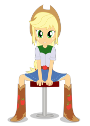 Size: 1042x1458 | Tagged: safe, artist:negasun, applejack, equestria girls, clothes, denim skirt, simple background, sitting, skirt, solo