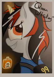 Size: 750x1075 | Tagged: safe, artist:mattatatta, oc, oc only, oc:blackjack, pony, unicorn, fallout equestria, fallout equestria: project horizons, alcohol, clothes, fallout, female, mare, queen whiskey, security armor, solo, vault security armor, vault suit, whiskey