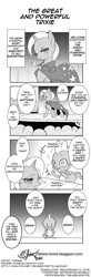 Size: 318x975 | Tagged: source needed, useless source url, safe, artist:fishine, spike, trixie, dragon, pony, unicorn, 4koma, comic, female, male, mare, monochrome, shipping denied, stage