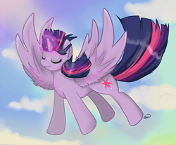 Size: 1280x1061 | Tagged: safe, artist:meggchan, twilight sparkle, twilight sparkle (alicorn), alicorn, pony, eyes closed, female, flying, mare, solo