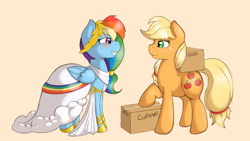 Size: 3238x1828 | Tagged: safe, artist:ratofdrawn, applejack, rainbow dash, earth pony, pegasus, pony, unicorn, appledash, clothes, dress, female, lesbian, shipping