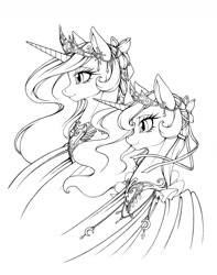 Size: 1027x1303 | Tagged: safe, artist:longinius, princess celestia, princess luna, alicorn, pony, grayscale, monochrome