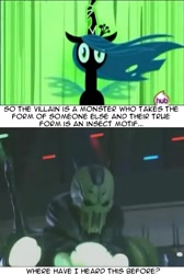 Size: 521x776 | Tagged: safe, artist:psyga315, edit, edited screencap, screencap, queen chrysalis, changeling, changeling queen, worm, caption, female, image macro, irl, kaijin, kamen rider, kamen rider kabuto, lanpyris worm, meme, photo