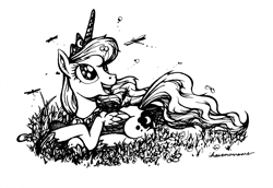 Size: 2000x1374 | Tagged: safe, artist:selenophile, princess luna, alicorn, dragonfly, pony, monochrome, solo