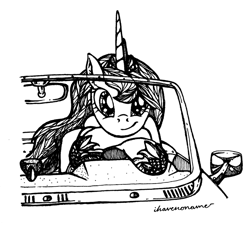 Size: 1500x1364 | Tagged: safe, artist:selenophile, princess luna, alicorn, pony, car, monochrome, solo