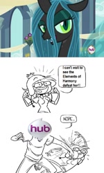 Size: 764x1275 | Tagged: safe, queen chrysalis, changeling, changeling queen, comic, female, glasses, meta, nope, the hub