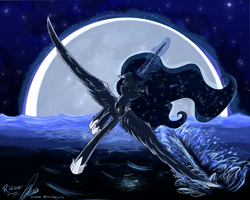 Size: 2500x2000 | Tagged: safe, artist:rinikka, princess luna, alicorn, pony, flying, magic, moon, moon work, ocean, skimming, solo, splash, water, working