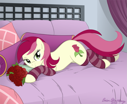 Size: 809x666 | Tagged: safe, artist:brianblackberry, roseluck, earth pony, pony, bed, bouquet, clothes, female, flower, mare, prone, rose, socks, solo, striped socks