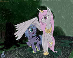 Size: 2500x2000 | Tagged: safe, artist:rinikka, princess celestia, princess luna, alicorn, pony, cewestia, covering, filly, rain, wet mane, wing umbrella, woona, younger