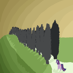 Size: 600x600 | Tagged: safe, artist:homfrog, twilight sparkle, pony, unicorn, cypress tree, female, mare, path, solo, sunset, tree, tuscany