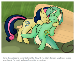 Size: 1039x867 | Tagged: safe, artist:lamia, bon bon, lyra heartstrings, sweetie drops, earth pony, pony, unicorn, ask skyra and bons away, bench, eyes closed, female, lesbian, lyrabon, mare, meme, shipping, sitting, sitting lyra, snuggling