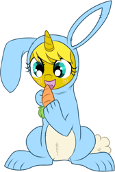 Size: 396x590 | Tagged: safe, artist:lulubell, oc, oc only, oc:ticket, alicorn, pony, alicorn oc, bunny costume, carrot, clothes, simple background, solo, transparent background