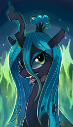 Size: 576x1000 | Tagged: dead source, safe, artist:suikuzu, queen chrysalis, changeling, changeling queen, female, fire, solo