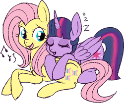 Size: 448x373 | Tagged: safe, artist:lulubell, fluttershy, twilight sparkle, twilight sparkle (alicorn), alicorn, pegasus, pony, cute, eyes closed, female, mare, music notes, open mouth, prone, shipping, shyabetes, simple background, singing, sleeping, smiling, transparent background, twiabetes, twishy, zzz