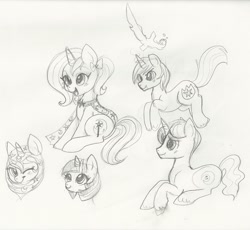 Size: 692x638 | Tagged: safe, artist:lulubell, night light, shining armor, trixie, twilight sparkle, oc, pony, unicorn, monochrome, simple background, sketch, traditional art, white background, younger