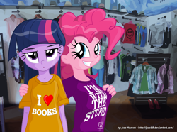 Size: 1772x1321 | Tagged: safe, artist:jcosneverexisted, pinkie pie, twilight sparkle, equestria girls, clothes, graphic tee, shirt