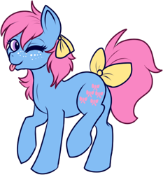 Size: 386x415 | Tagged: safe, artist:lulubell, bow tie (g1), g1, :p, ;p, g1 to g4, generation leap, one eye closed, silly, simple background, solo, tail bow, tongue out, transparent background, wink