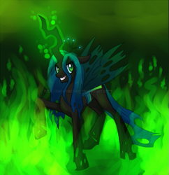 Size: 619x640 | Tagged: safe, artist:itami-salami, queen chrysalis, changeling, changeling queen, female, fire, raised hoof, solo, watermark